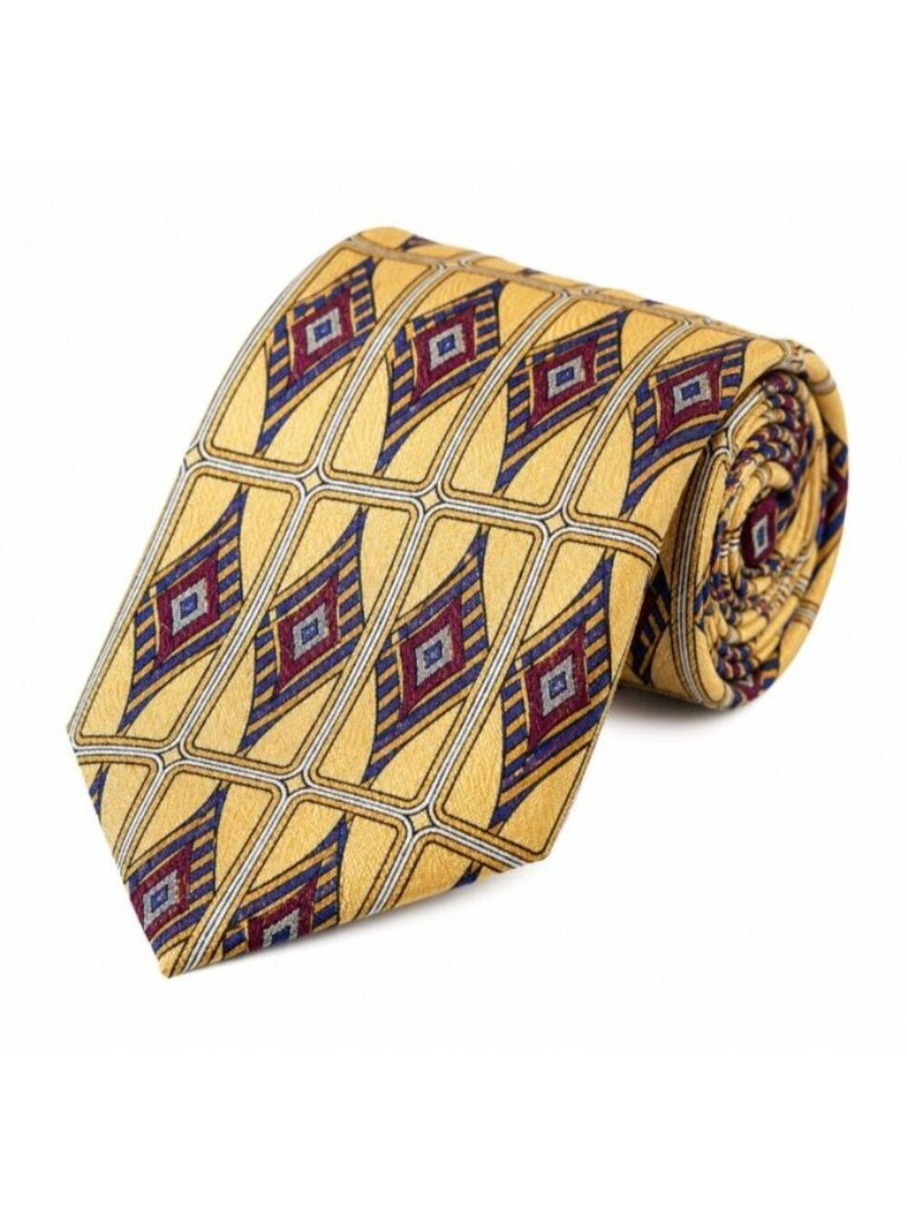 John Henry Vintage Silk Necktie Gold Yellow Geometric Diamond USA 3.75 Wide Tie